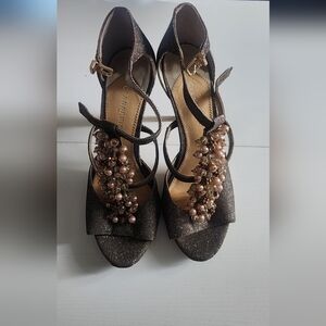 Giani Bernini Bronze Glitter T-Strap Heels with Pearl Cluster Embellishment